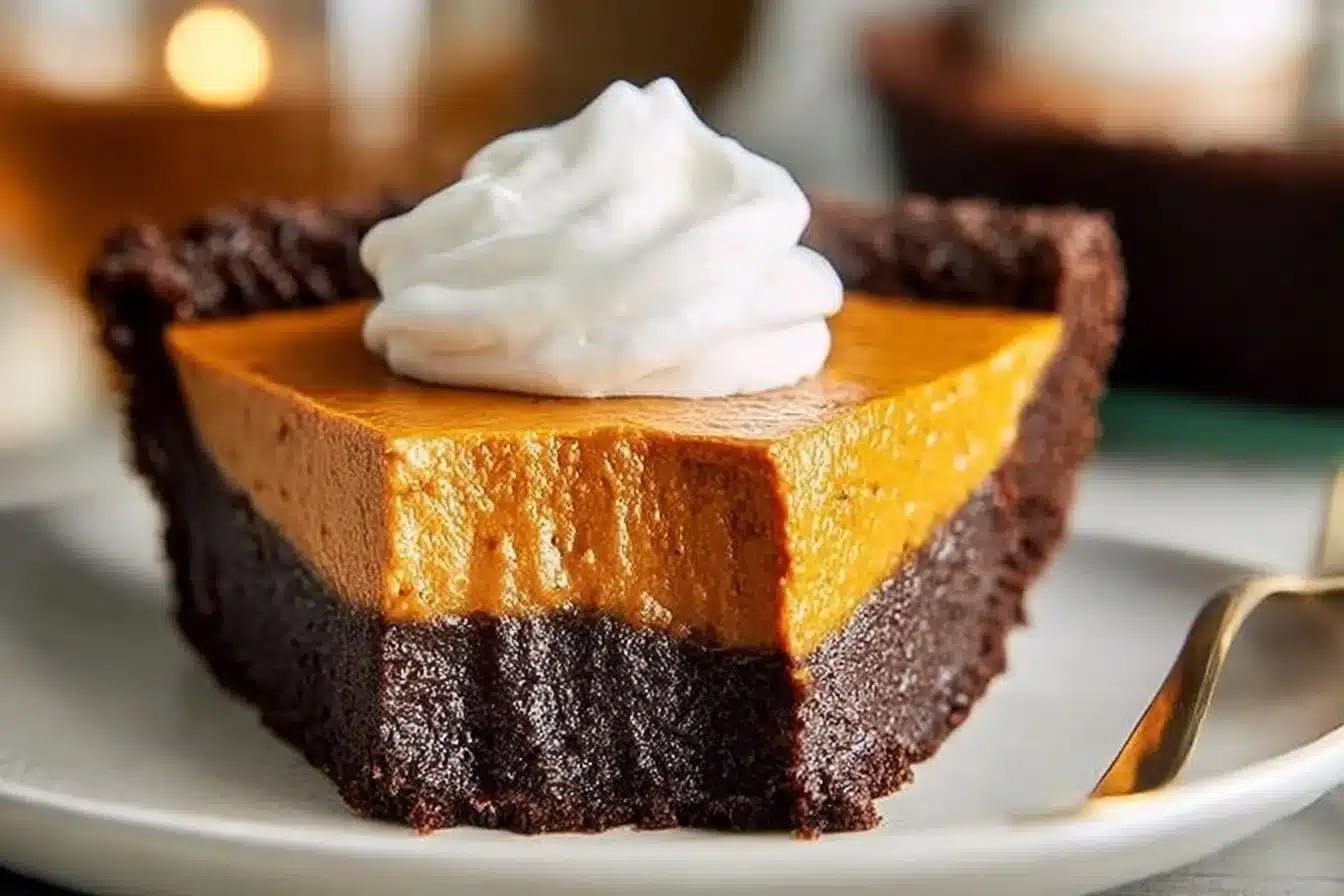 Simple Dark Chocolate Pumpkin Tart topped with chocolate shavings and pumpkin seeds