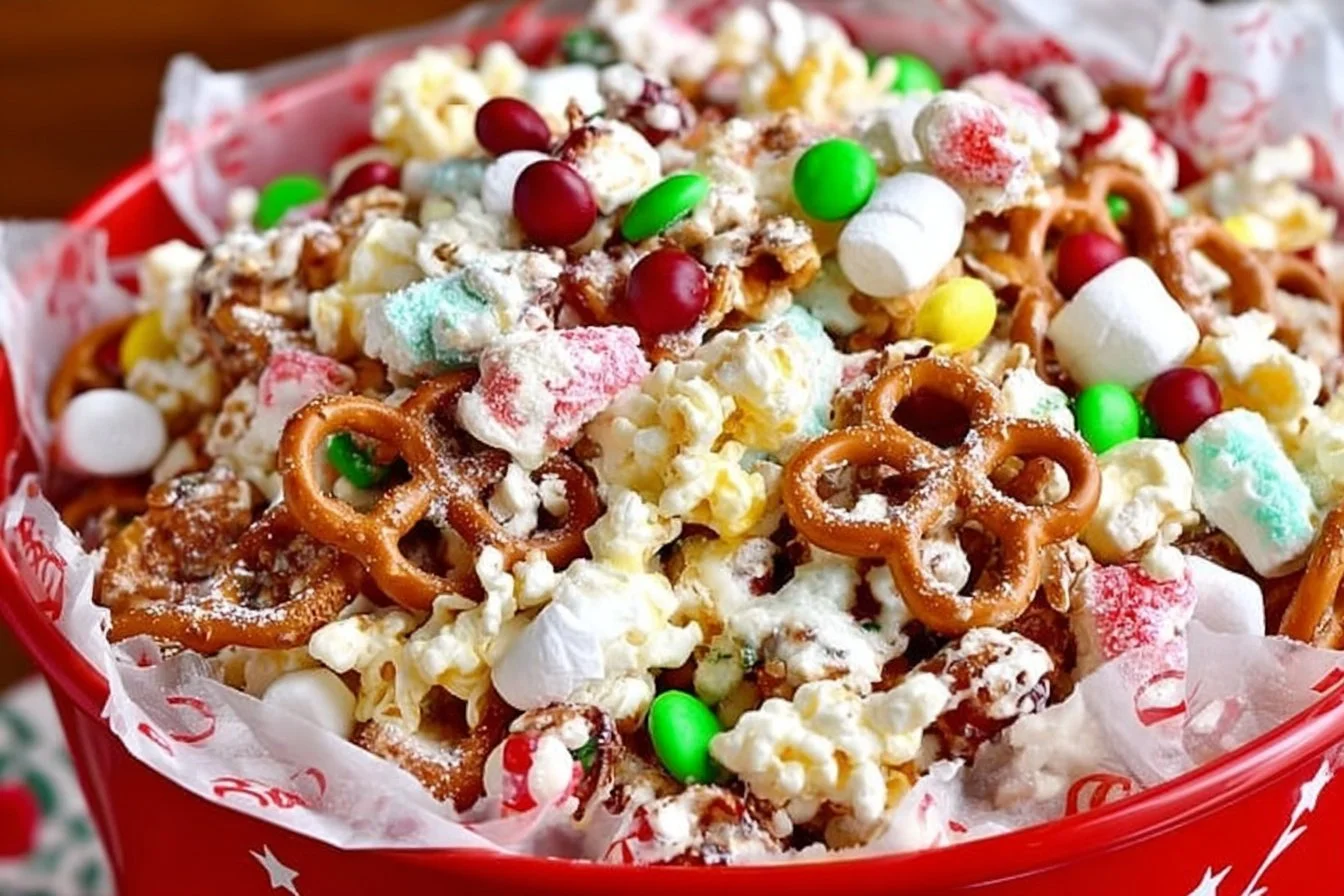 Delicious Snow Day Snack Mix featuring nuts, pretzels, and chocolate treats.