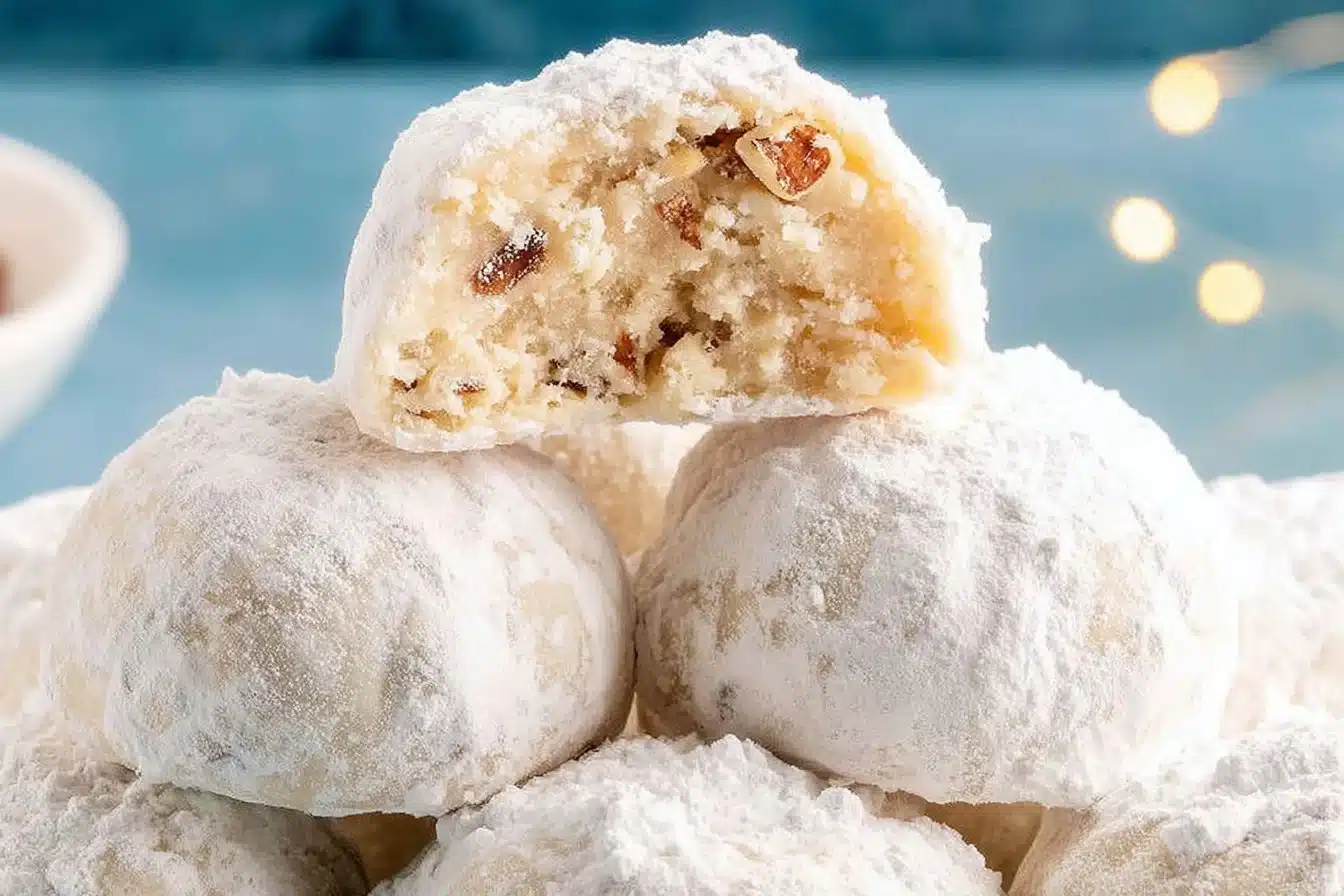 Delicious snowball cookies dusted with powdered sugar on a plate