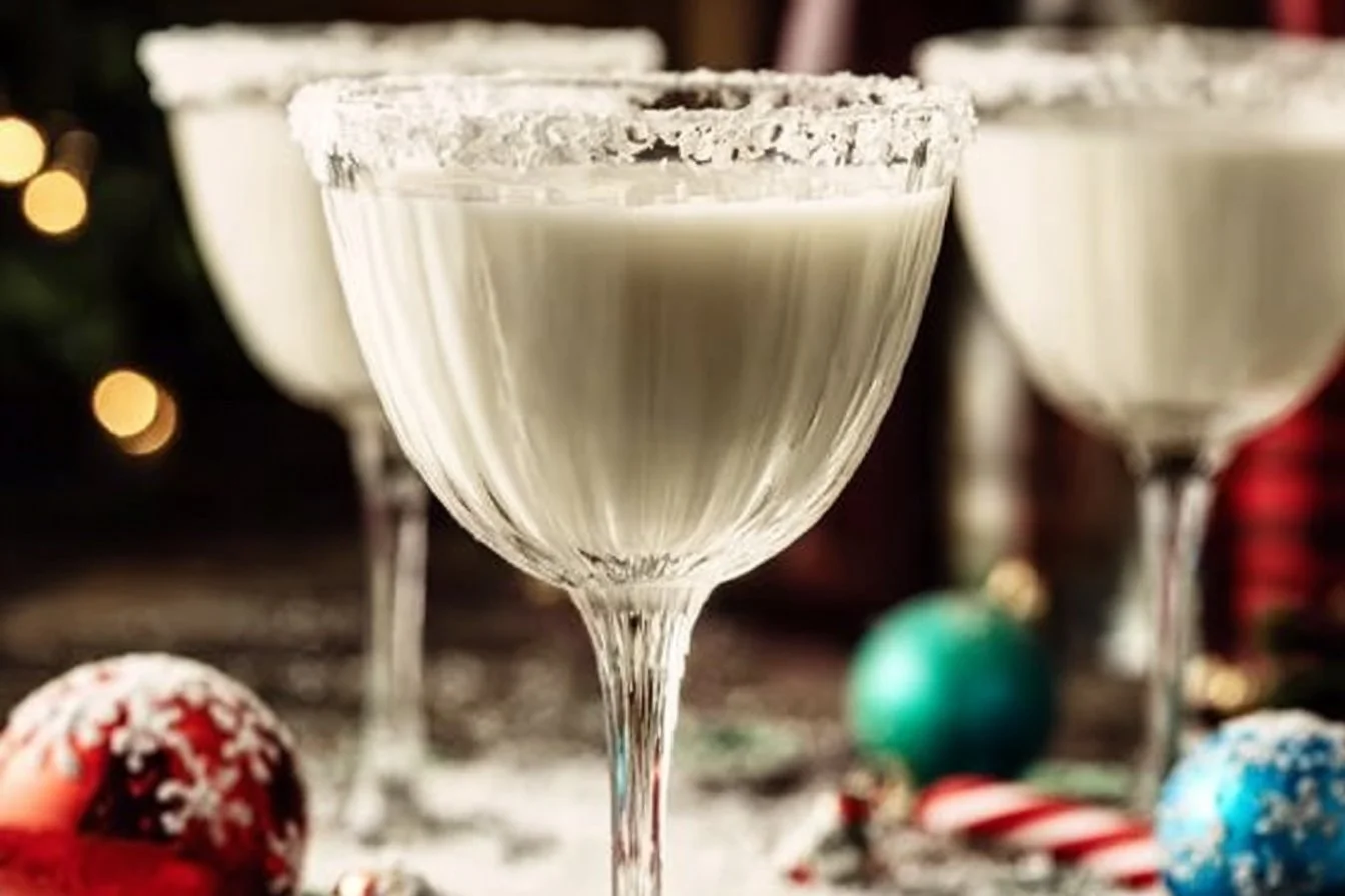 Frosty Snowflake Martini cocktail garnished with snowflake design.