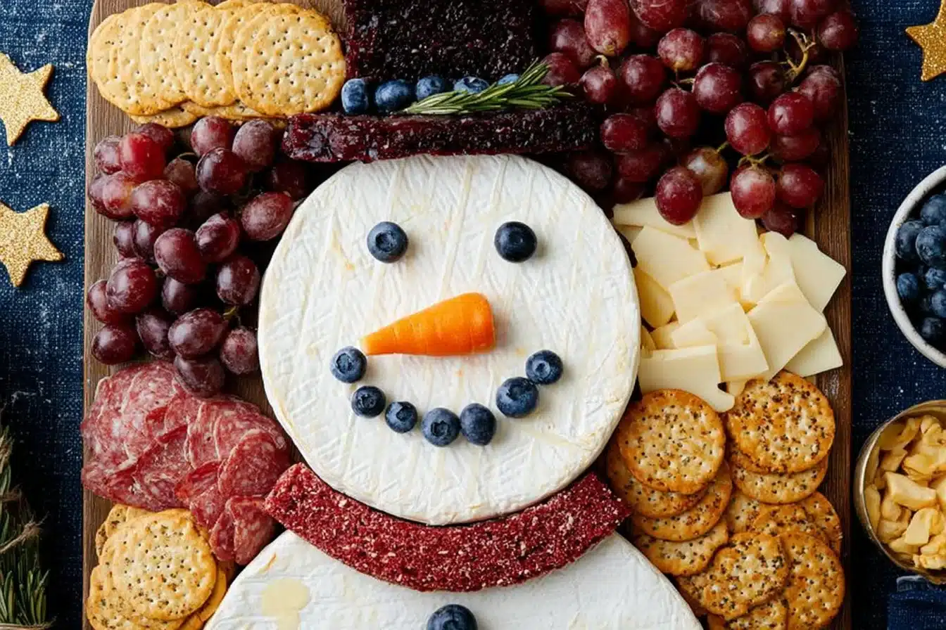 Snowman charcuterie board decorated with festive snacks for winter celebrations.