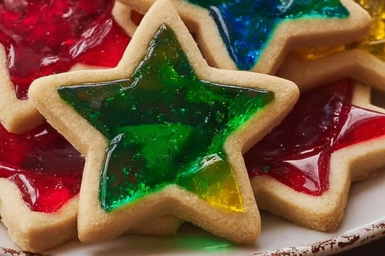 Colorful stained glass cookies with vibrant gelatin centers for a festive treat