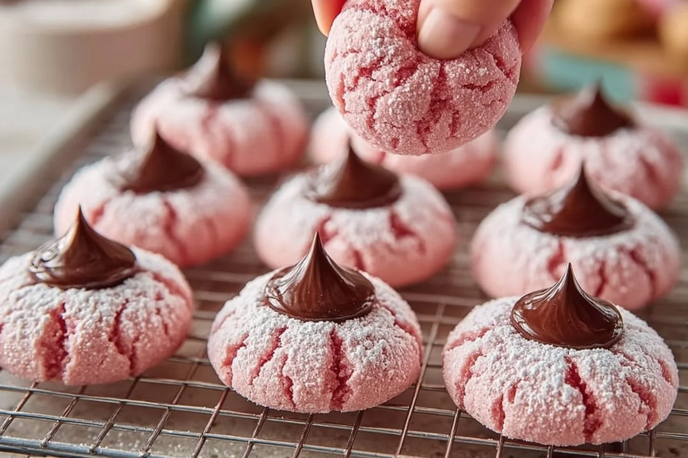 Delicious Strawberry Kiss Cookies with a fresh strawberry on top.