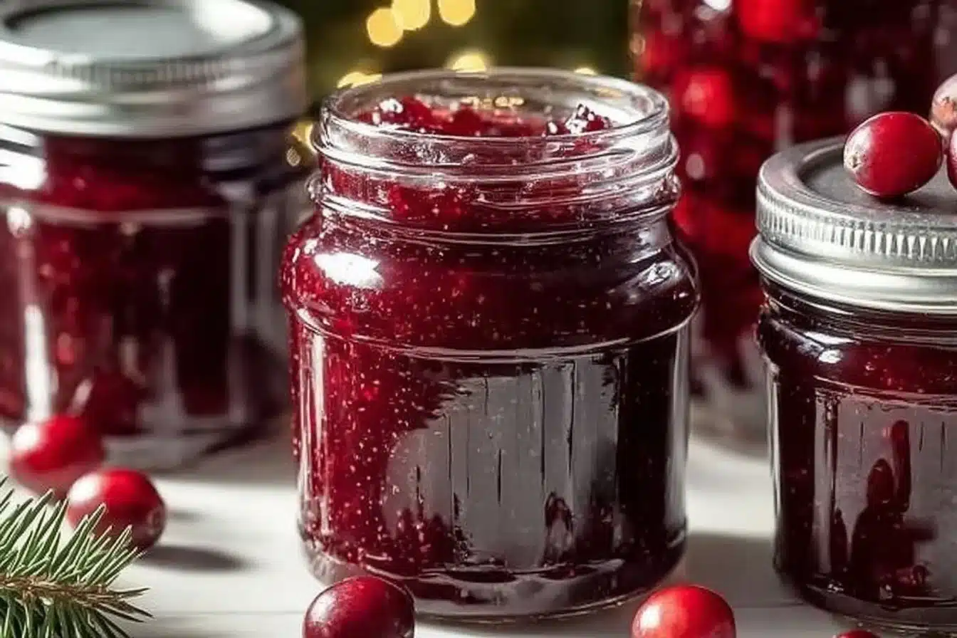 Jar of Sweet Christmas Cranberry Jam with berries and festive decorations
