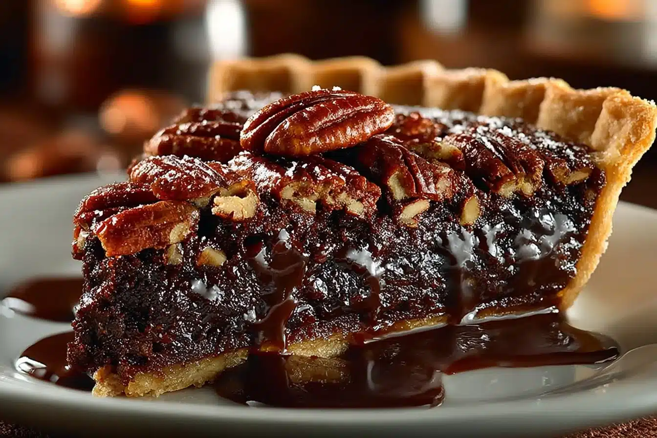 Delicious Texas chocolate pecan pie with rich chocolate and pecan topping