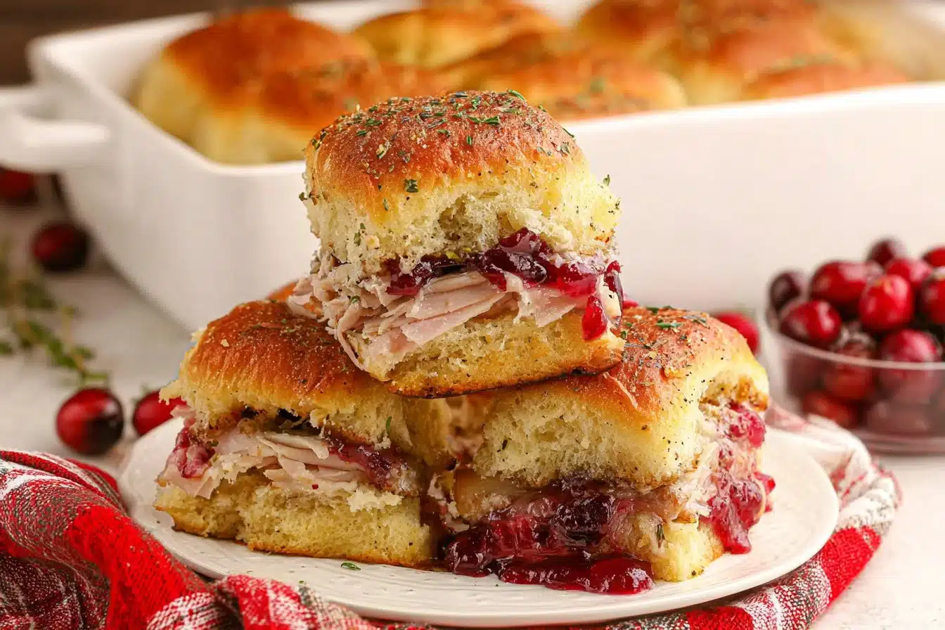 Plate of Thanksgiving Sliders with turkey, cranberry sauce, and stuffing