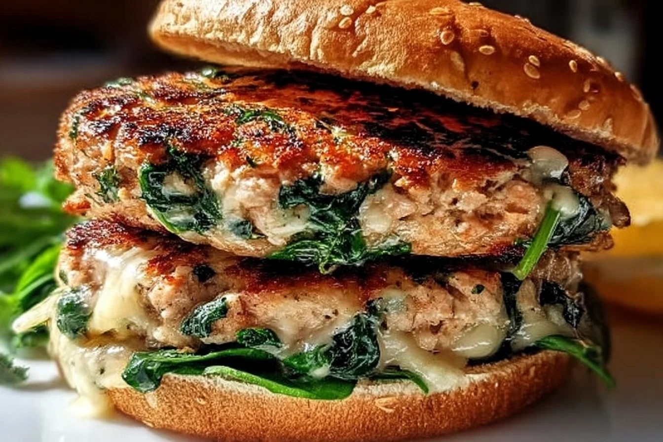 White cheddar and spinach chicken burgers served on a plate