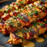 Delicious Bang Bang Chicken Skewers ready to serve on a platter