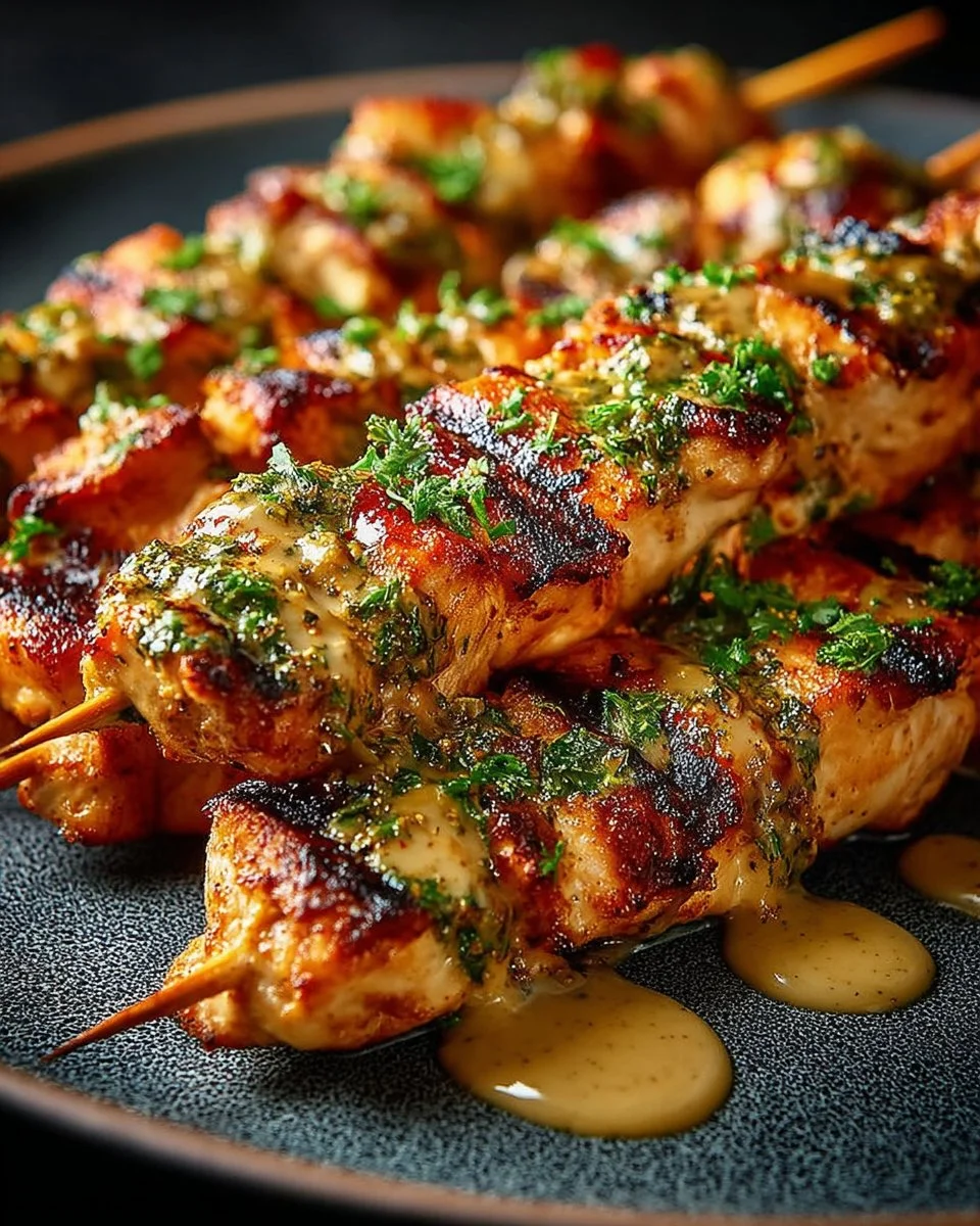 Delicious Bang Bang Chicken Skewers ready to serve on a platter