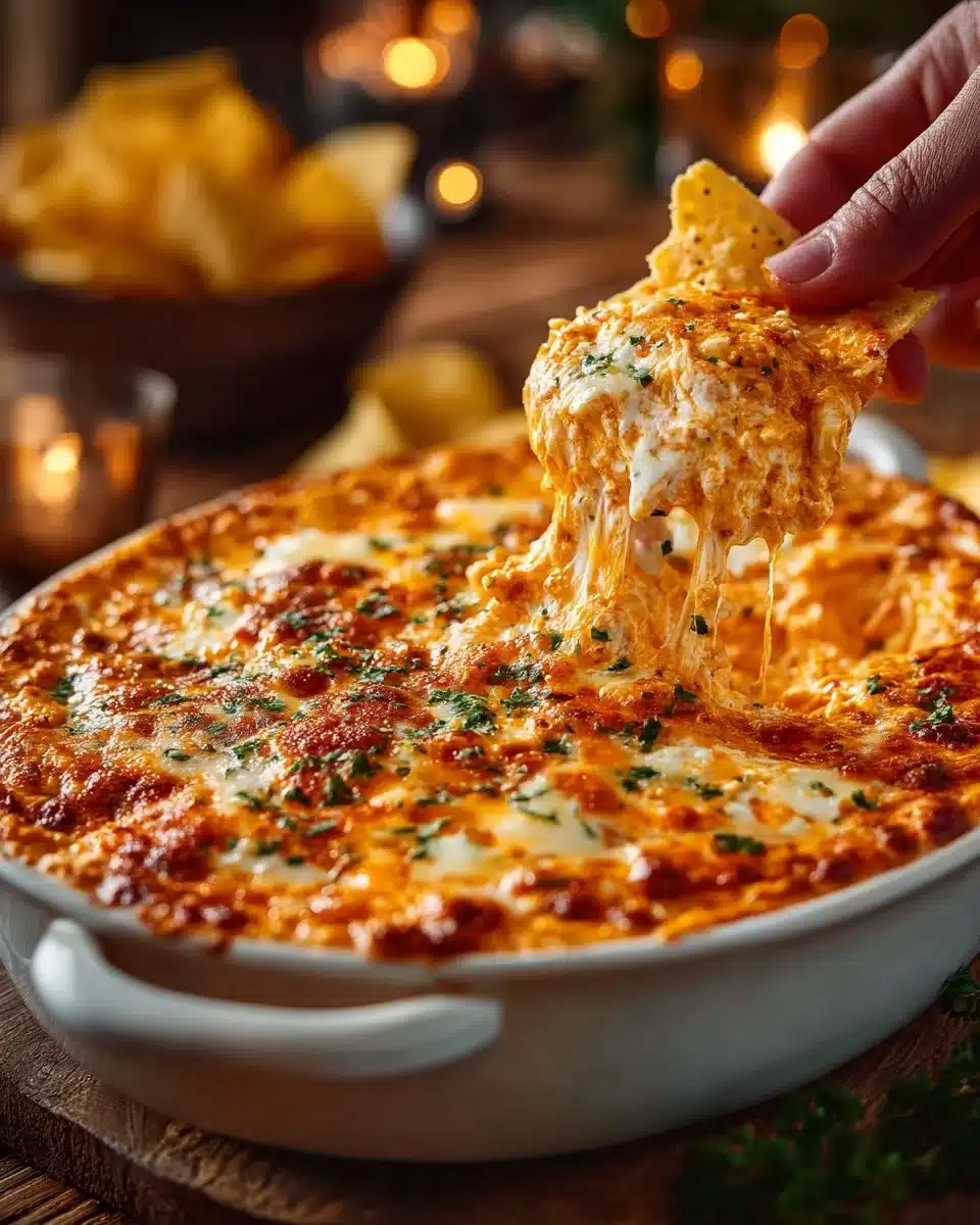 Delicious Buffalo Chicken Dip served in a bowl with chips