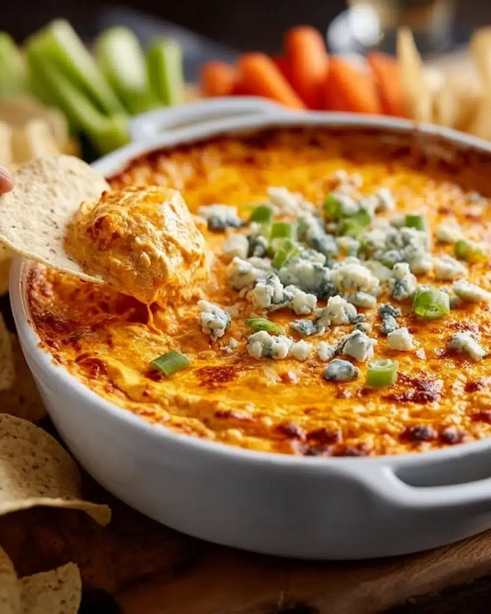 Delicious Buffalo Chicken Dip served with tortilla chips
