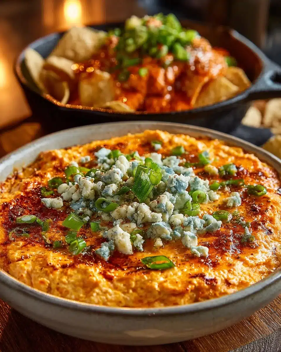 Delicious buffalo chicken dip served in a dish with tortilla chips