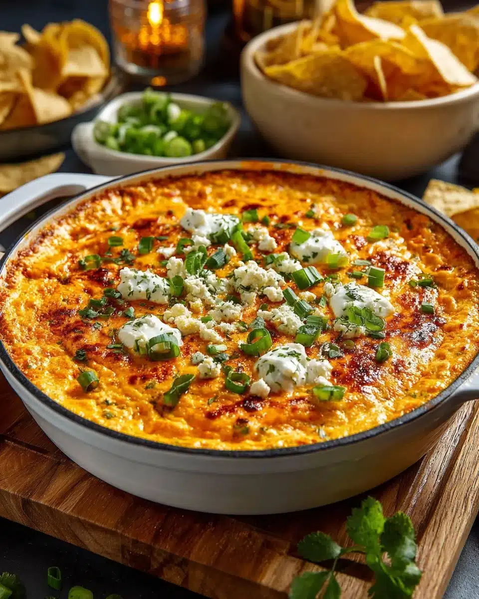 Delicious and creamy Buffalo Chicken Dip served with tortilla chips