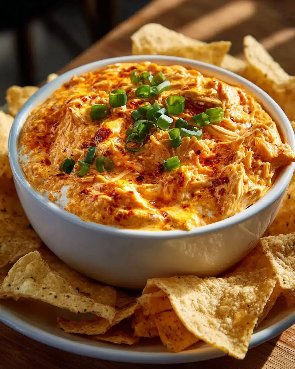 Delicious Buffalo Chicken Dip served in a bowl with tortilla chips