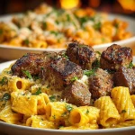 Plate of Cajun Steak Tips served with cheesy rigatoni pasta