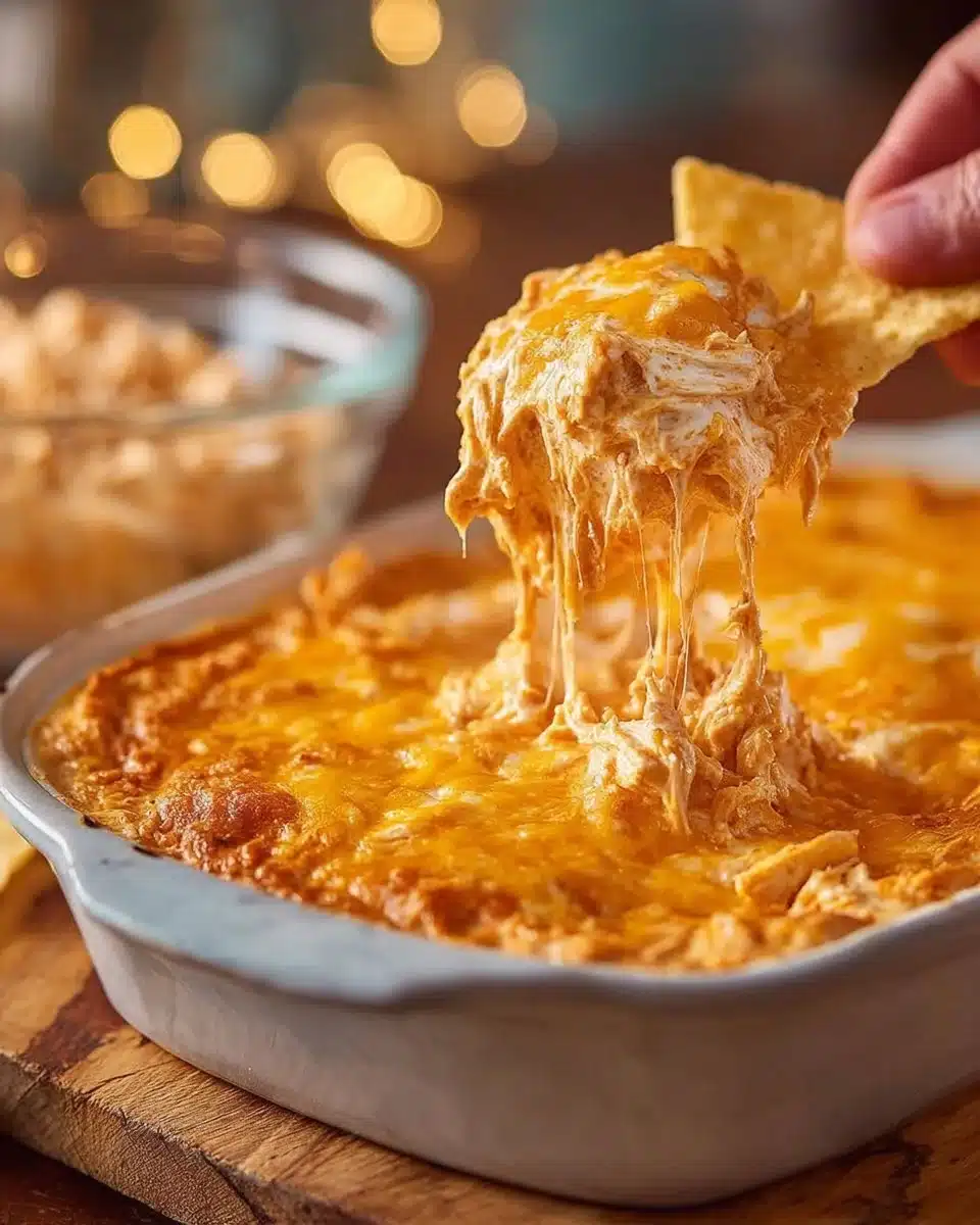 Creamy Buffalo Chicken Dip served in a bowl with tortilla chips