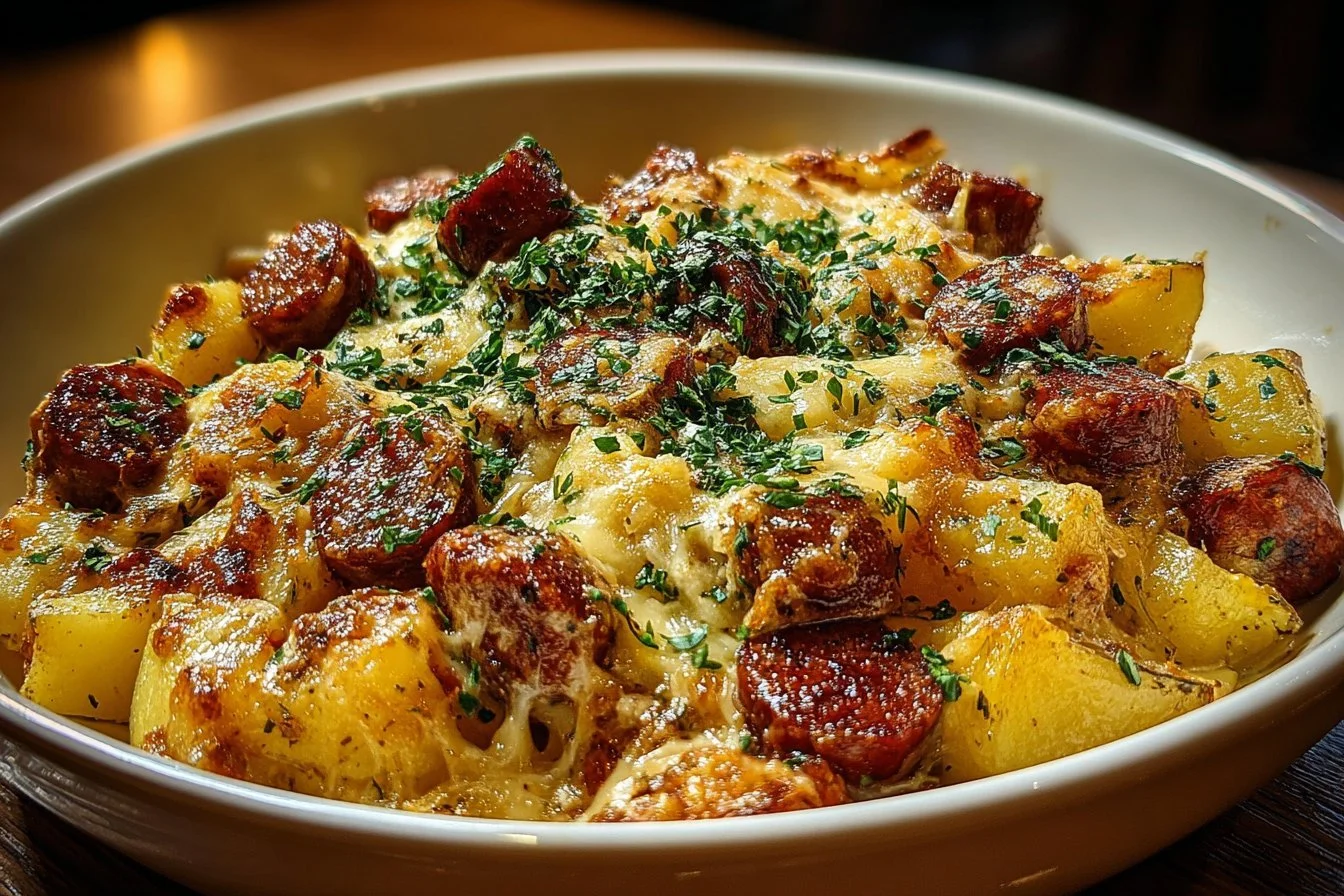 Cheesy ranch potatoes with smoked sausage served on a plate.