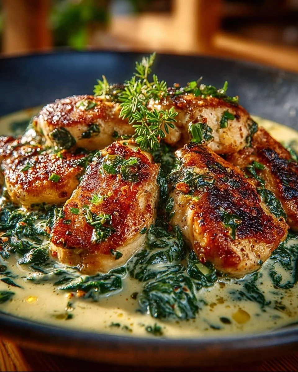 Plate of Chicken Florentine garnished with spinach and cheese