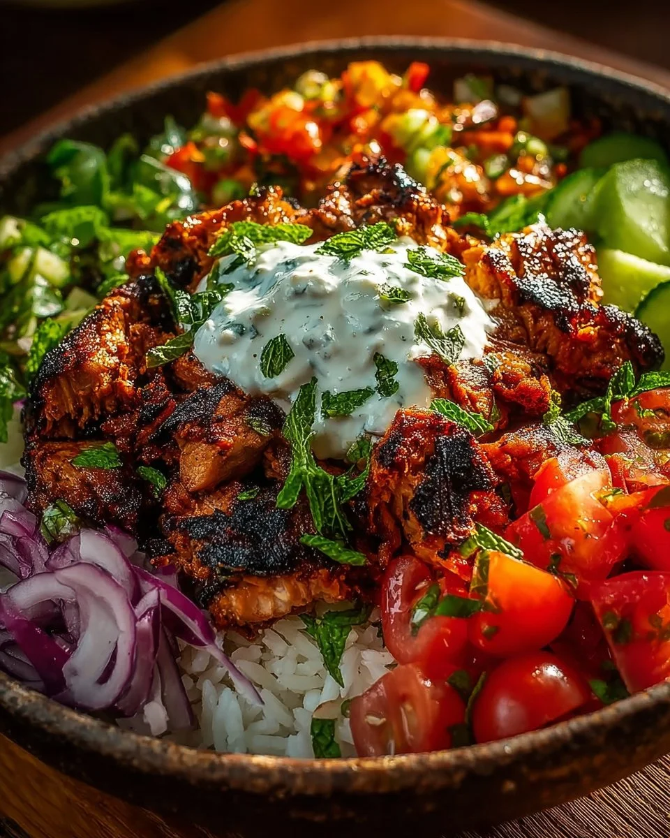Delicious Chicken Shawarma Bowl with fresh vegetables and sauces