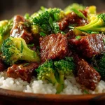 Delicious Chinese beef and broccoli stir-fry served on a plate.