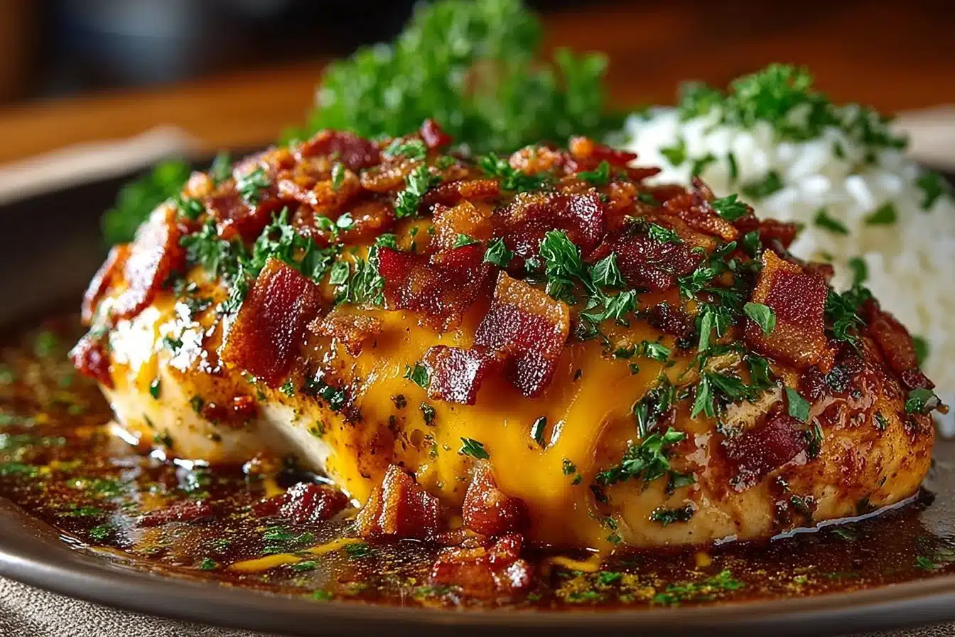 Delicious Cowboy BBQ Bacon Cheddar Chicken topped with BBQ sauce, bacon, and cheddar cheese.