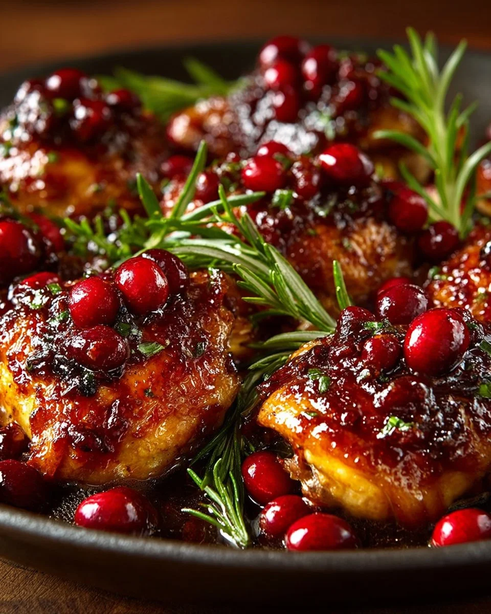 Plate of cranberry orange chicken garnished with herbs