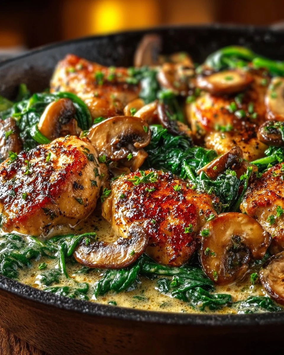 Creamy chicken mushroom spinach skillet recipe in a pan
