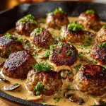 Creamy mushroom chicken meatballs garnished with parsley on a plate