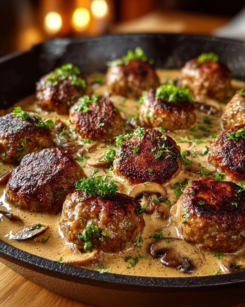 Creamy mushroom chicken meatballs garnished with parsley on a plate