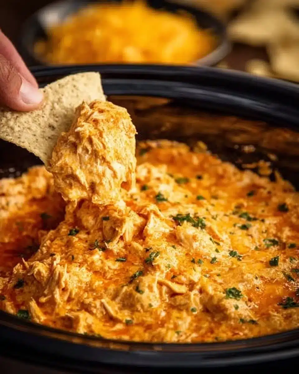 Creamy Crockpot Buffalo Chicken Dip served in a dish with tortilla chips