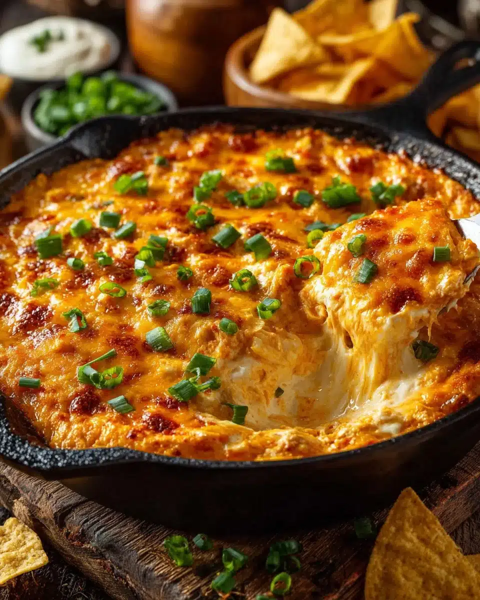 Creamy Easy Baked Buffalo Chicken Dip served in a bowl with tortilla chips