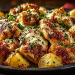 Garlic Parmesan Chicken and Potatoes plated on a white dish