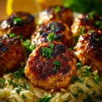 Delicious Greek chicken meatballs served with lemon orzo.