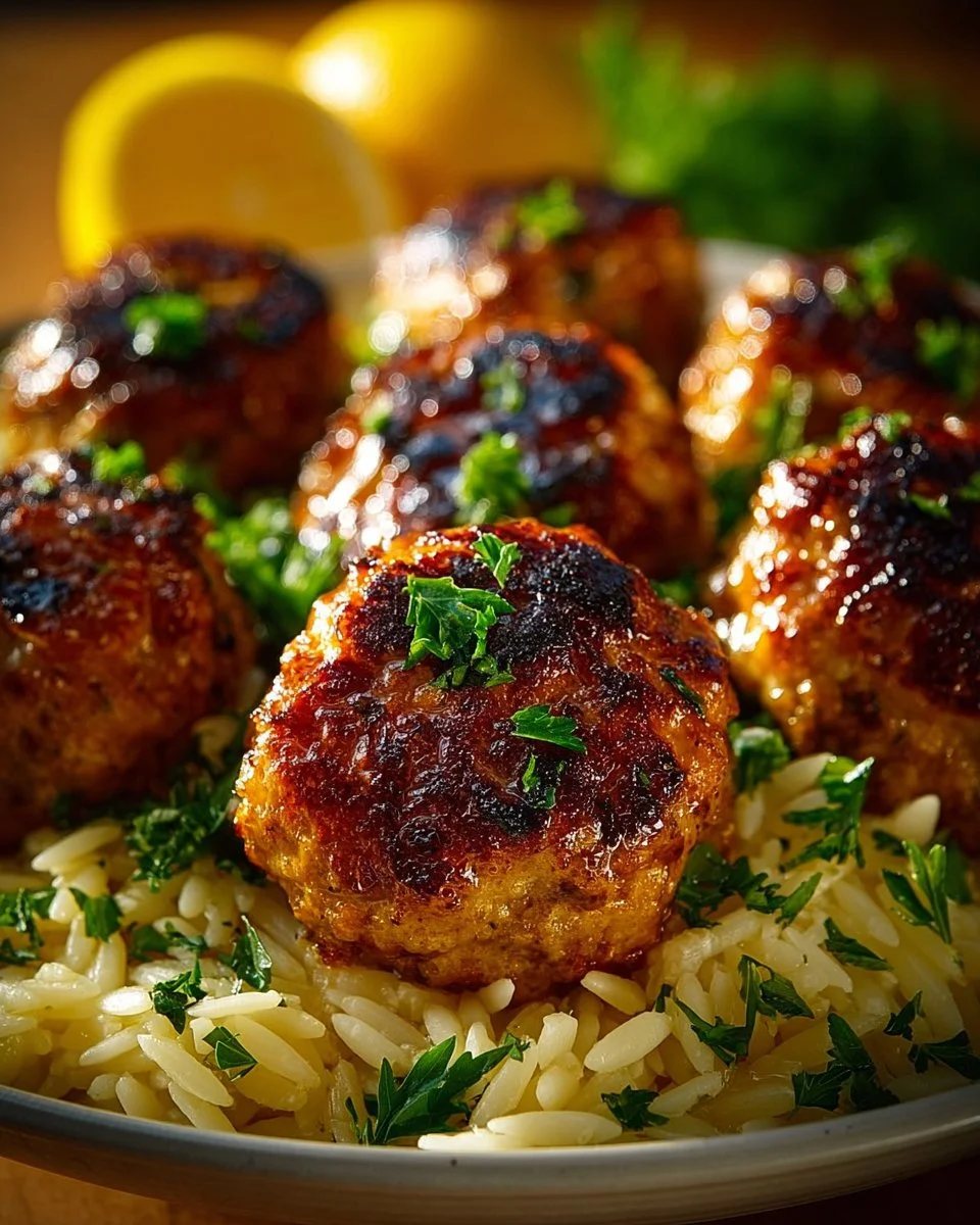 Delicious Greek chicken meatballs served with lemon orzo.
