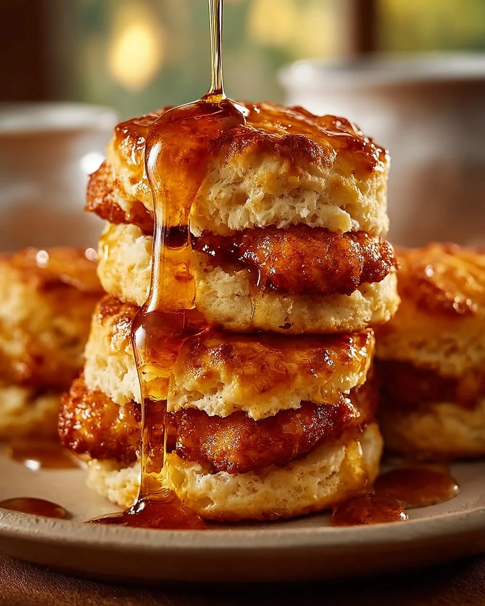 Hot honey chicken biscuits served with a drizzle of spicy honey sauce.