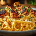 Cowboy Butter Chicken Linguine served in a bowl, garnished with fresh herbs.