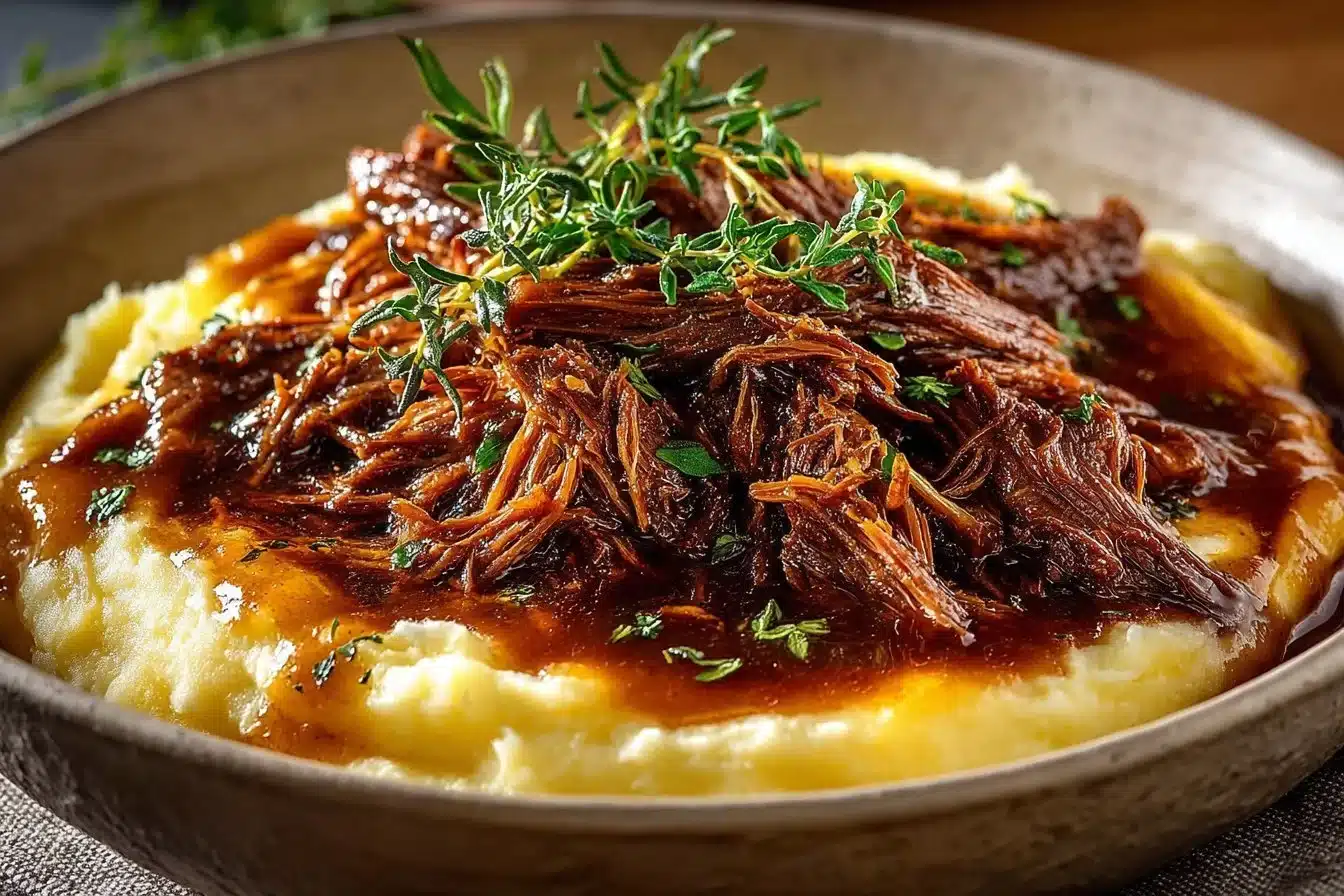 Deliciously tender French onion pot roast served with rich gravy and onions.