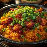 Kimchi Fried Rice with Chicken garnished with green onions in a bowl