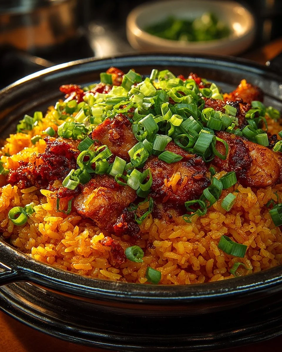 Kimchi Fried Rice with Chicken garnished with green onions in a bowl