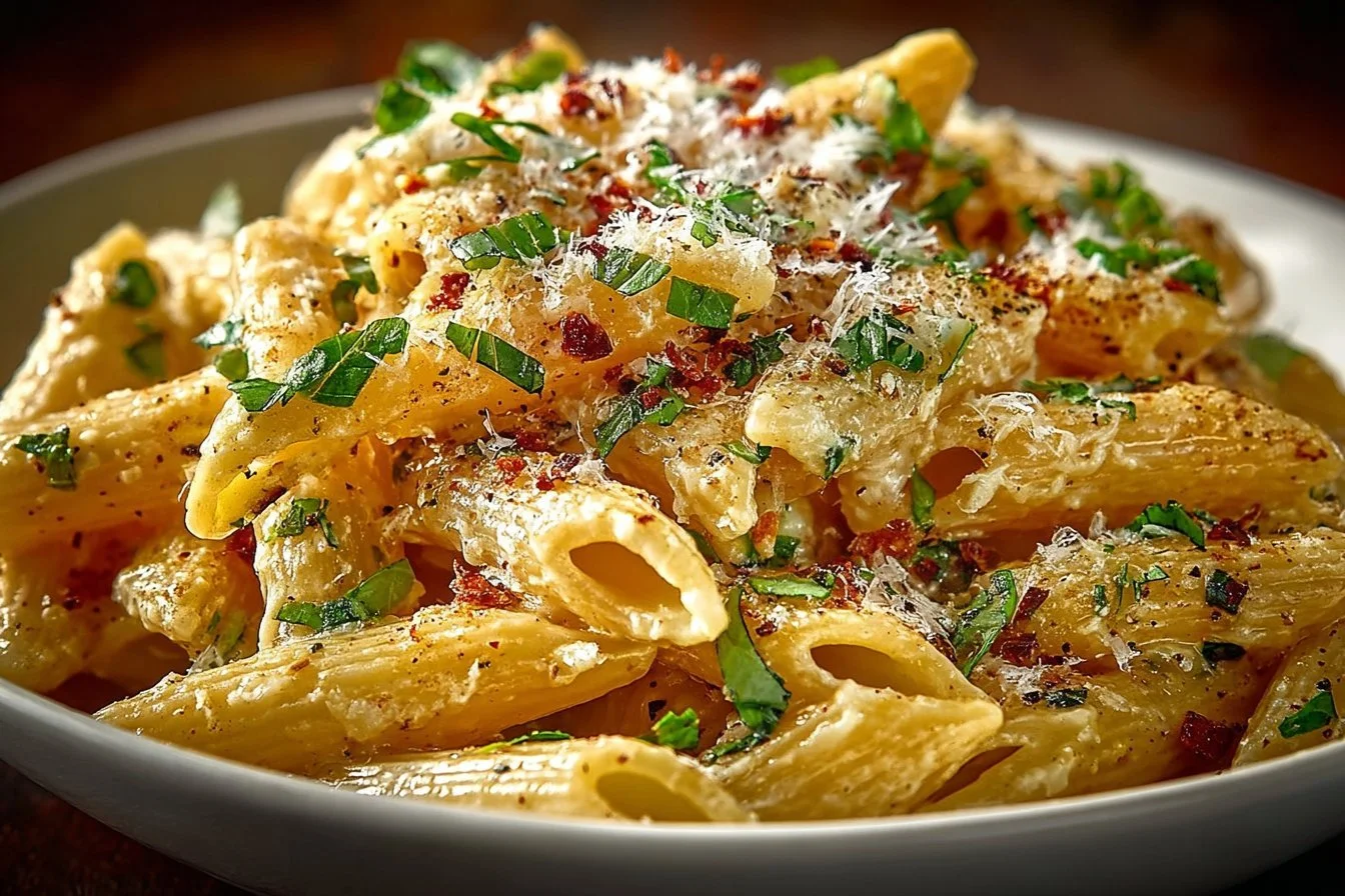 Delicious One Pot Creamy Garlic Pasta served in a bowl with herbs and garlic cloves