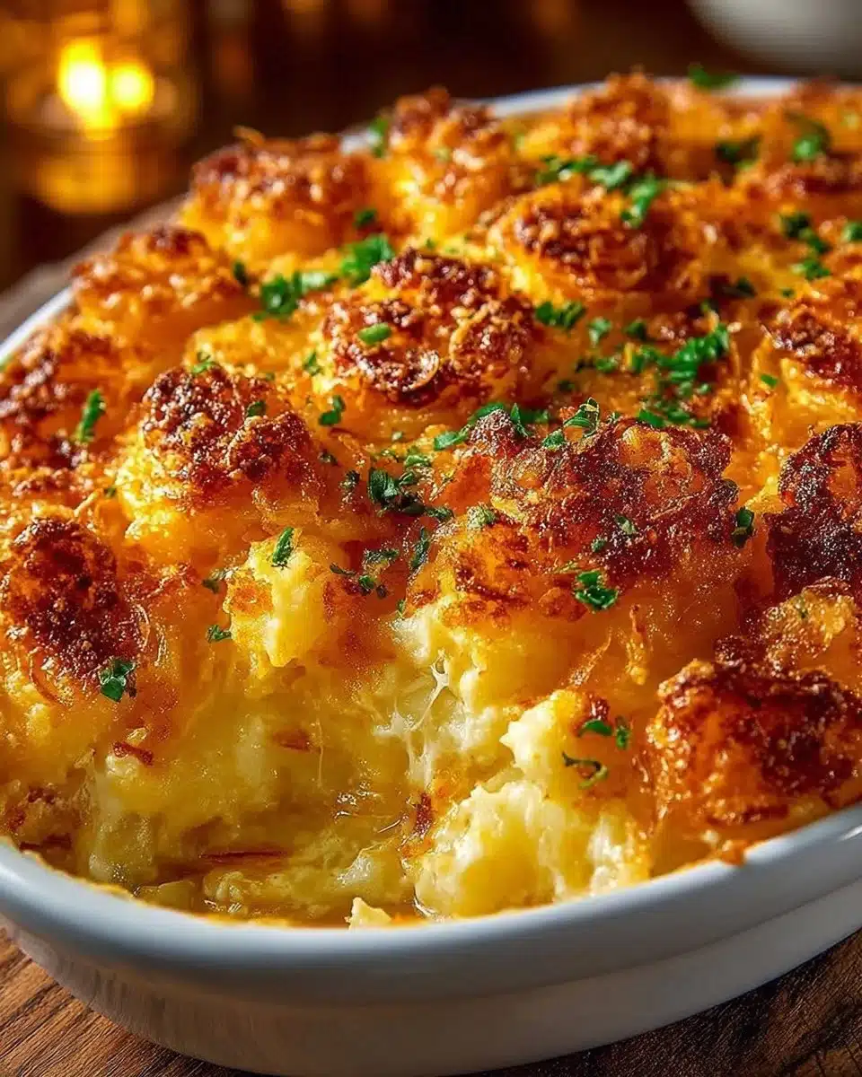 Delicious Pioneer Woman funeral potatoes served in a casserole dish.