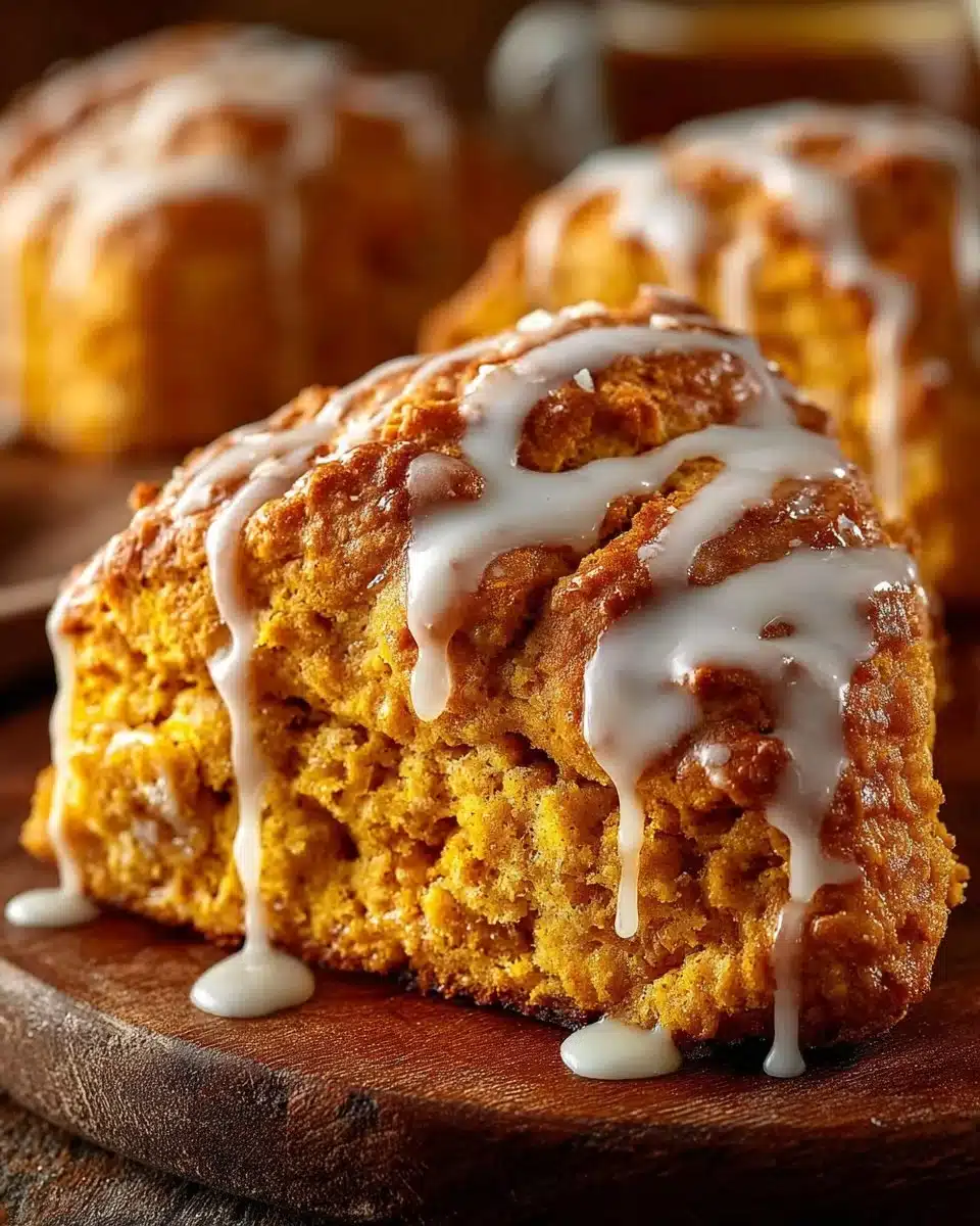 Freshly baked Pioneer Woman pumpkin scones on a wooden table.