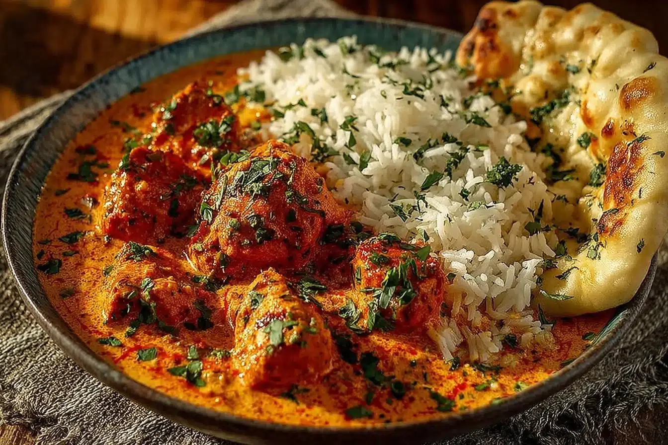 Delicious homemade butter chicken served with rice and naan.