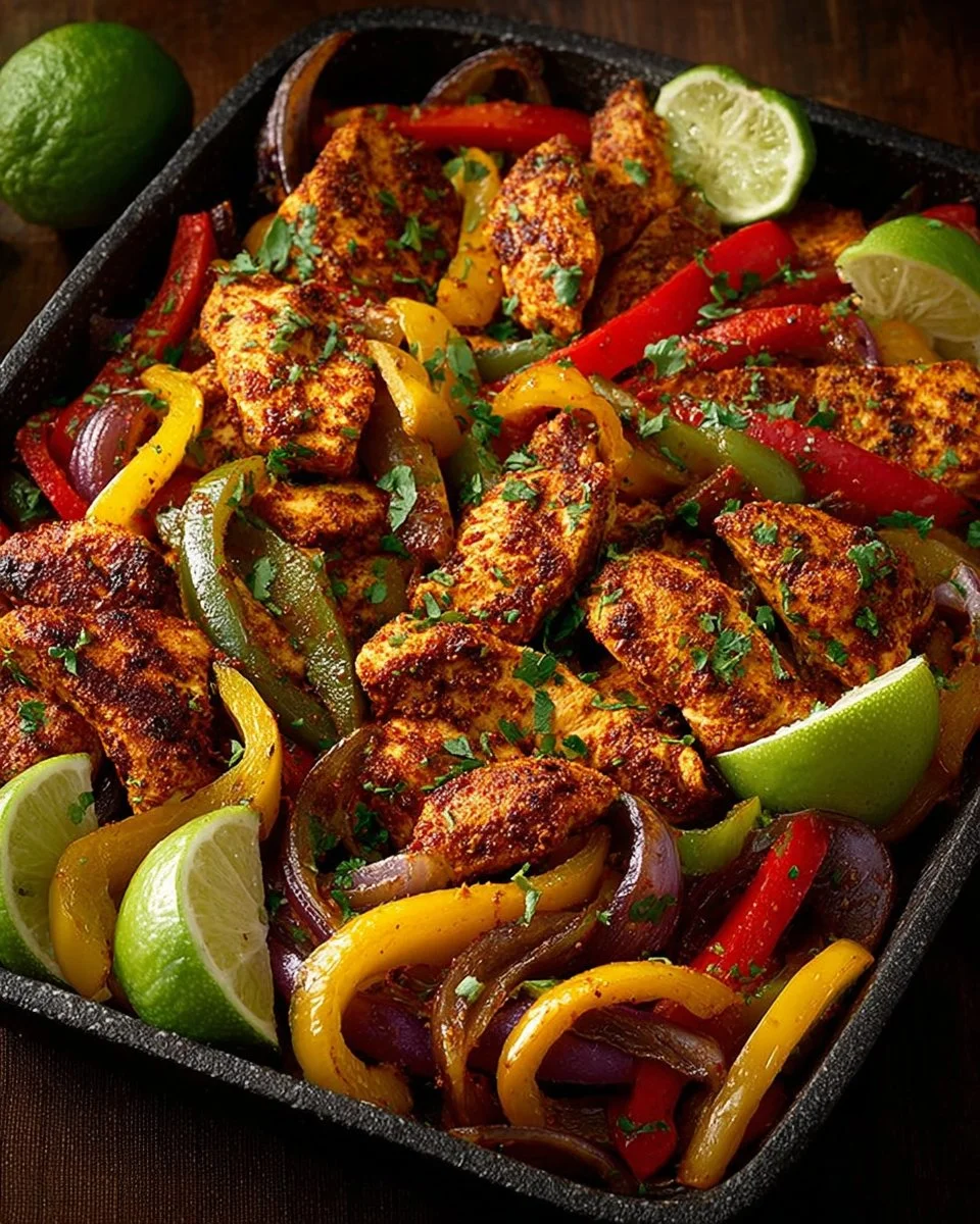 Colorful sheet pan chicken fajitas with bell peppers and onions