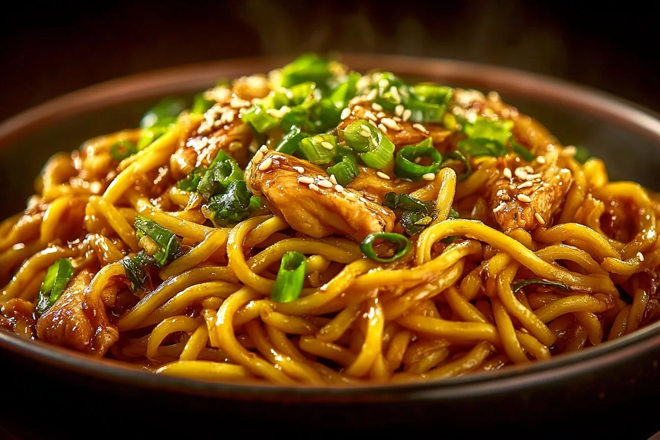 Sticky Garlic Chicken Noodles on a plate garnished with green onions