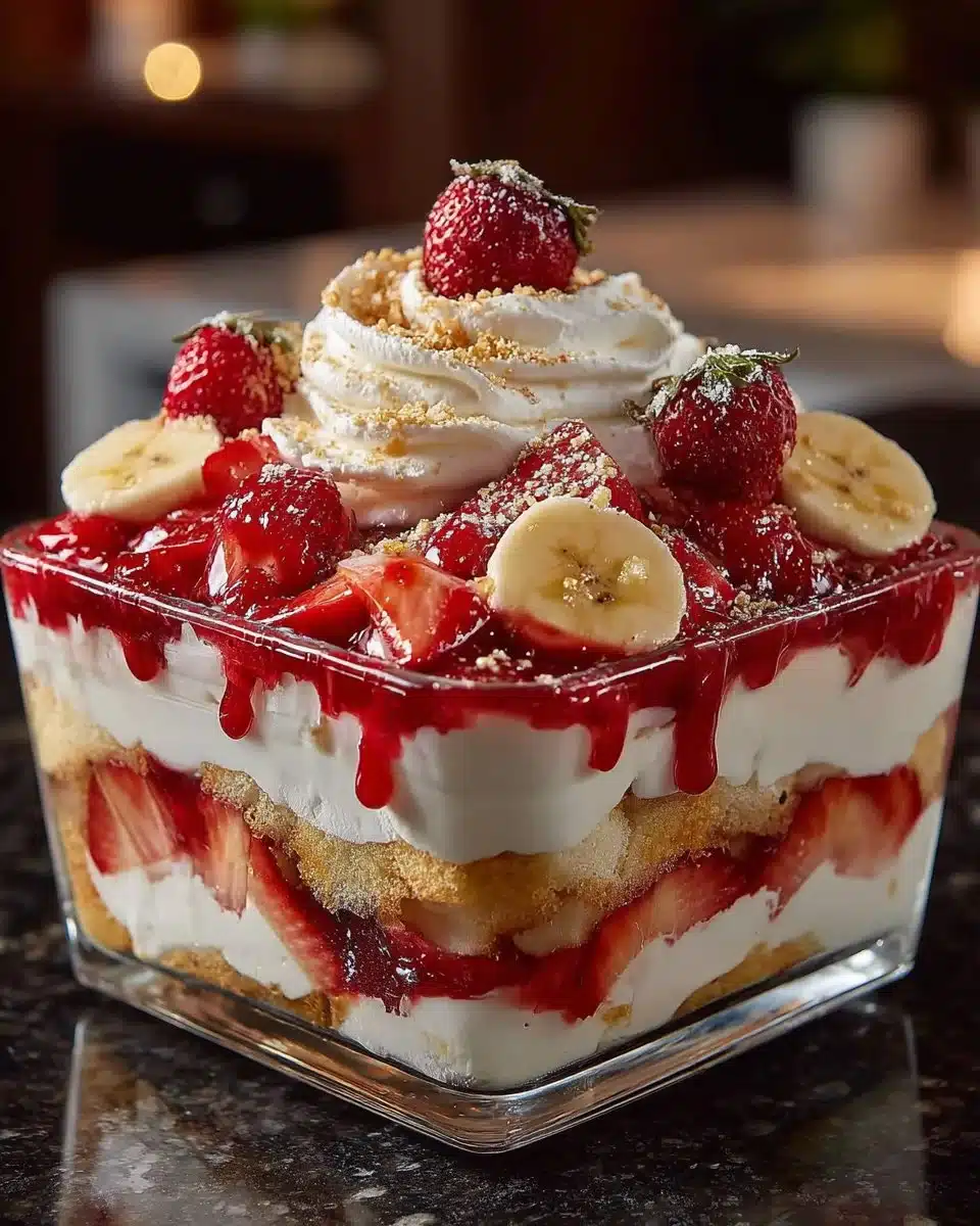 Delicious strawberry banana pudding served in a glass dish with fresh fruit