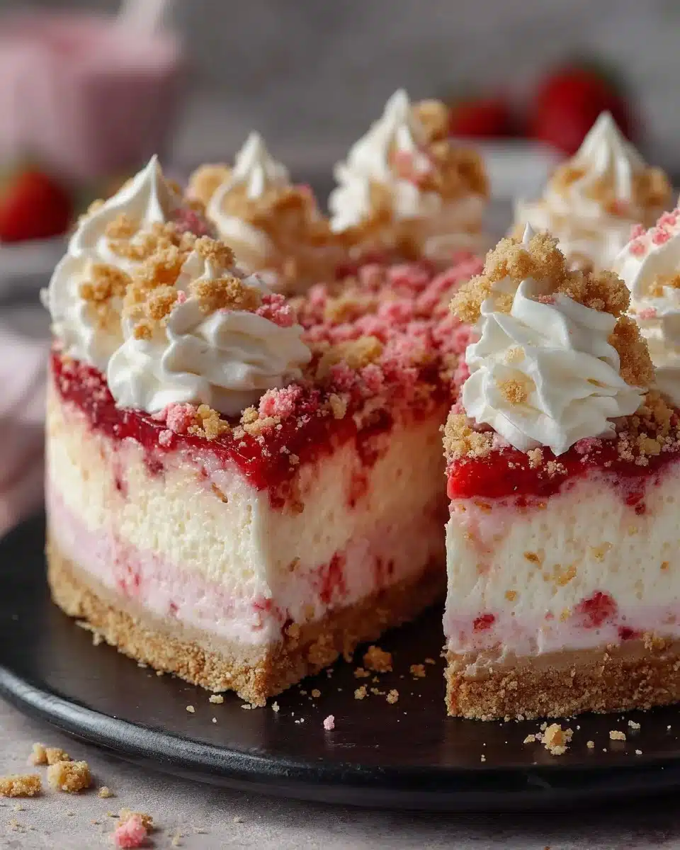 Slice of Strawberry Crunch Cheesecake with fresh strawberries and crunchy topping