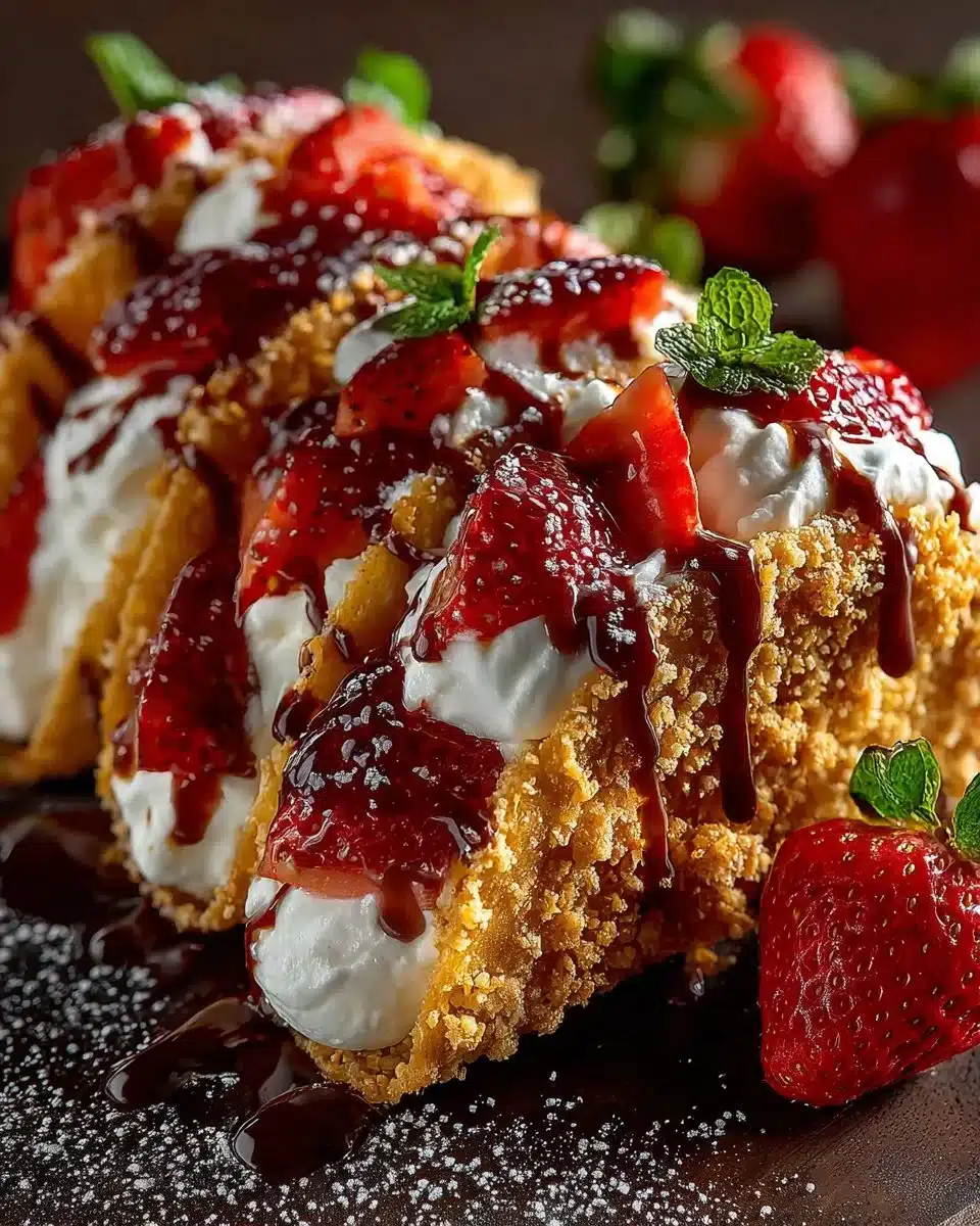 Strawberry Crunch Cheesecake Tacos Strawberry crunch cheesecake tacos topped with vibrant strawberries and crust
