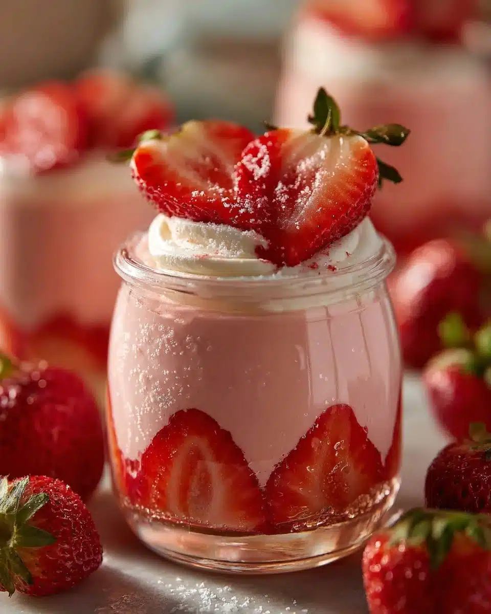 Strawberry mousse without gelatin or whipped cream in a glass dessert dish