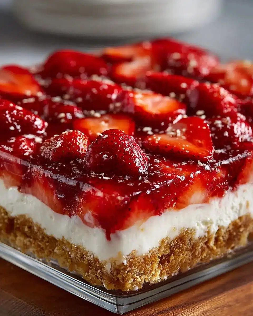 Delicious Strawberry Pretzel Salad layered with strawberries, cream cheese, and pretzel crust